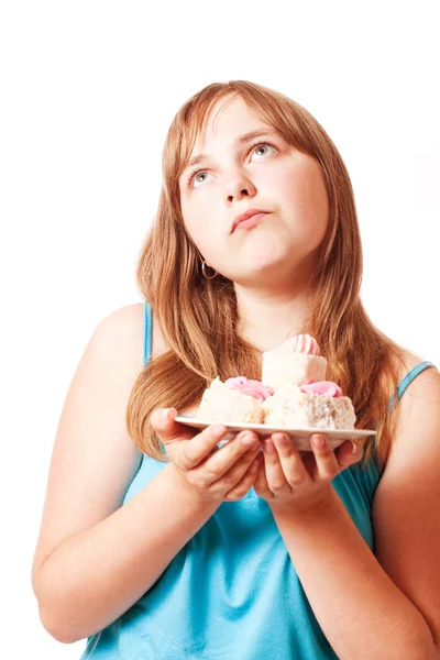 Smutná dívka s koláčem — Stock fotografie