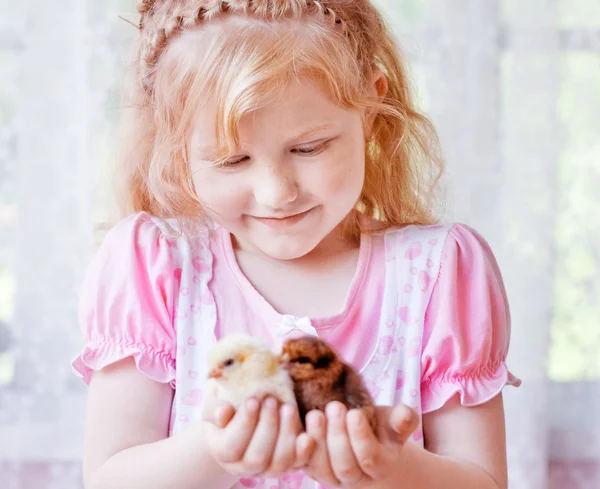 少し鶏と幸せな女の子 — ストック写真