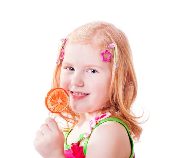 Girl with lollipop isolated on white — Stock Photo, Image