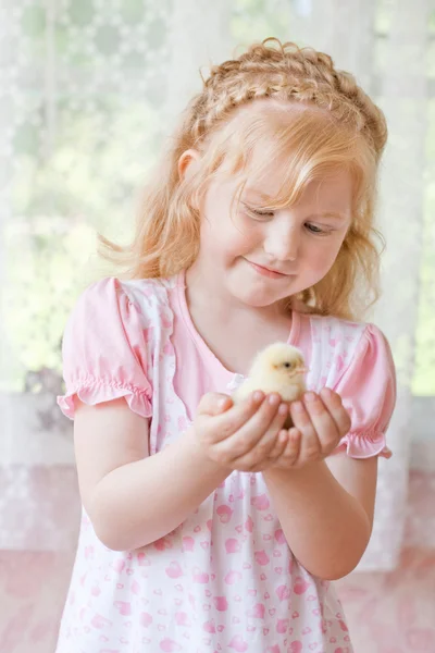 Happy girl with little chicken — Stock Photo, Image