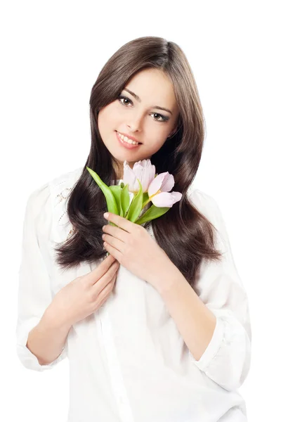 Menina bonita com tulipas isoladas em branco — Fotografia de Stock