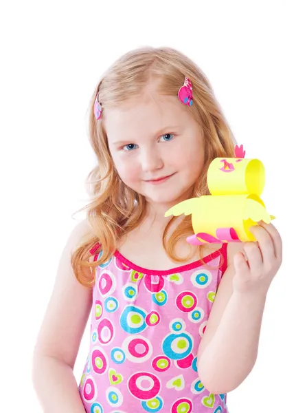 Smile girl with chicken from a paper — Stock Photo, Image