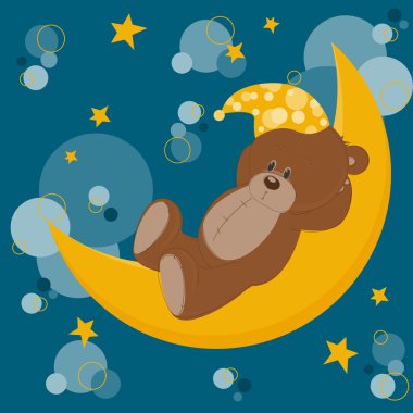 Card with sleeping teddy bear on moon clipart