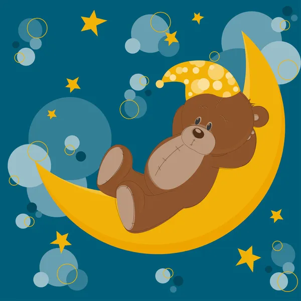 Card with sleeping teddy bear on moon — Stock Vector