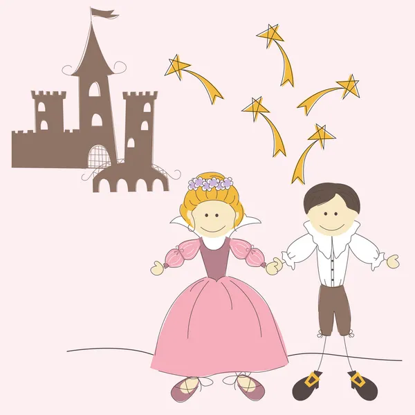 Листівка запрошення з замком принцеси, принцеси і принца — стоковий вектор