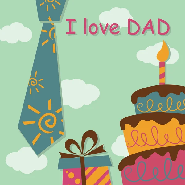 Tarjeta de felicitación del Día del Padre con regalo y pastel — Vector de stock