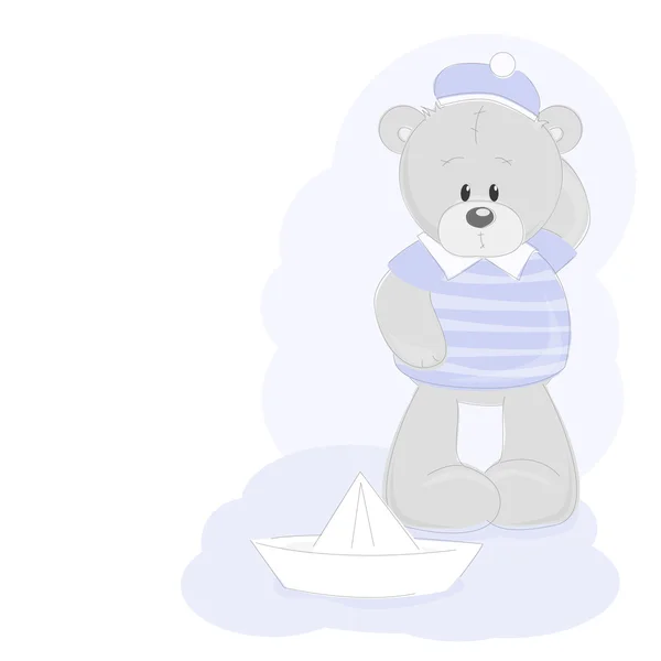 Urso de pelúcia e navio de papel — Vetor de Stock