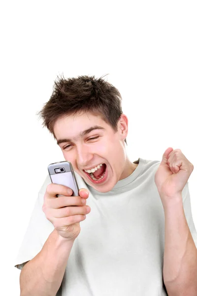 Щасливий підліток з телефоном — стокове фото
