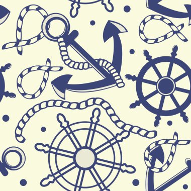 Marine seamless background with anchor, ropes, wheel, marine knots. clipart