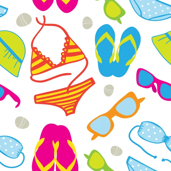 stock image Cute summer vacations seamless background with bikini sets, sunglasses, flip-flops and sun hats