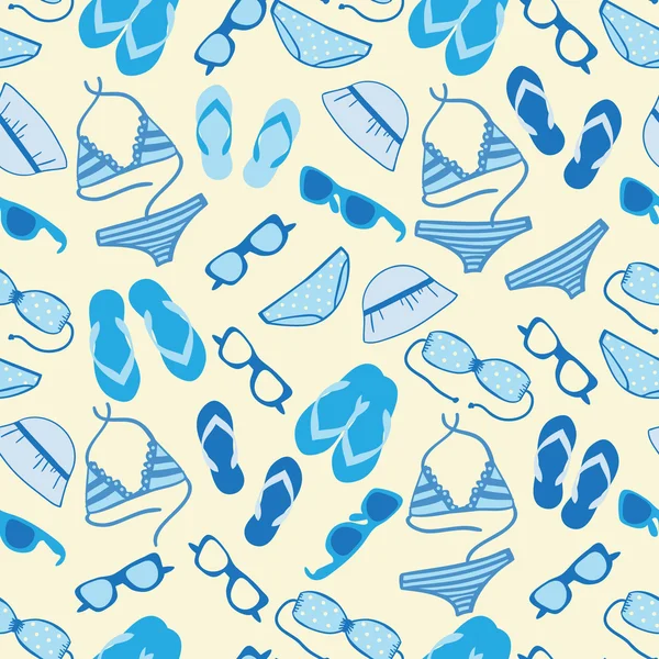 Lindas vacaciones de verano fondo sin costuras con conjuntos de bikini, gafas de sol, chanclas y sombreros — Foto de Stock