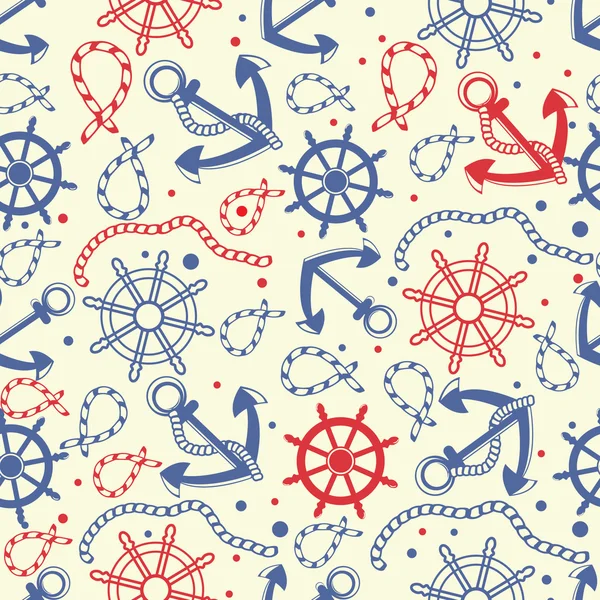 Mořské bezešvé pozadí s kotva, lana, kolo, námořní uzly. — Stock fotografie