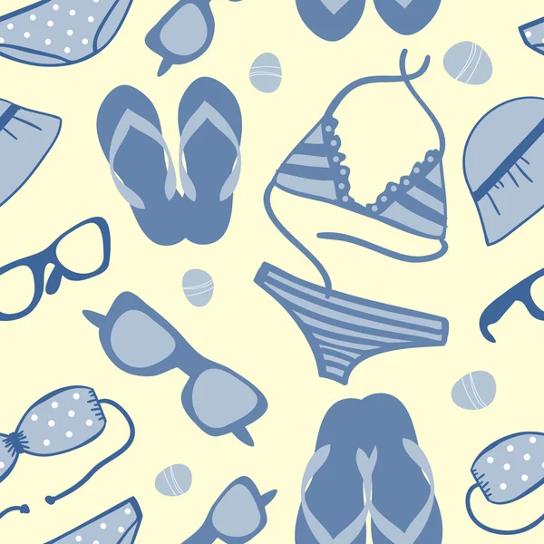 Симпатичні літні канікули безшовний фон з наборами бікіні, сонцезахисними окулярами, фліп-флешами та сонячними капелюхами — стокове фото