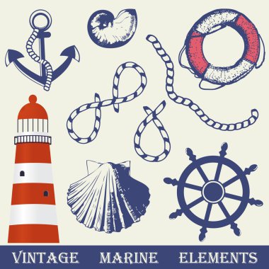 Vintage marine elements set. Includes anchor, rope, wheel, lighthouse and shells. clipart