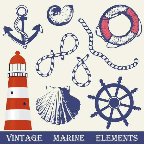 Vintage marine elements set. Includes anchor, rope, wheel, lighthouse and shells. — Stock Vector