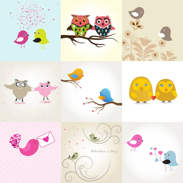 Conjunto de 9 cartões de namorados com pássaros bonitos — Vetor de Stock