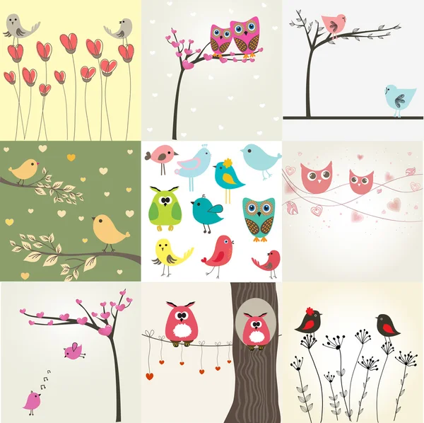 Sada 9 valentinky karet s roztomilé ptáky — Stockový vektor