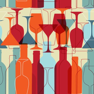 Seamless background with wine bottles and glasses