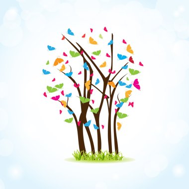 Beauty spring tree with butterflies and multicolored leaves clipart