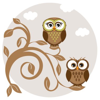 Cute owls couple on the tree clipart