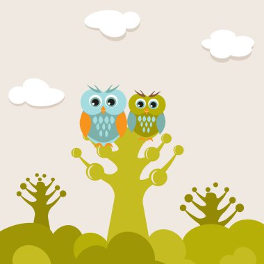 Cute owls couple on the tree clipart