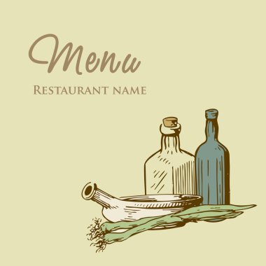 Vintage restaurant menu design with hand drawn illustration of pan onion an clipart