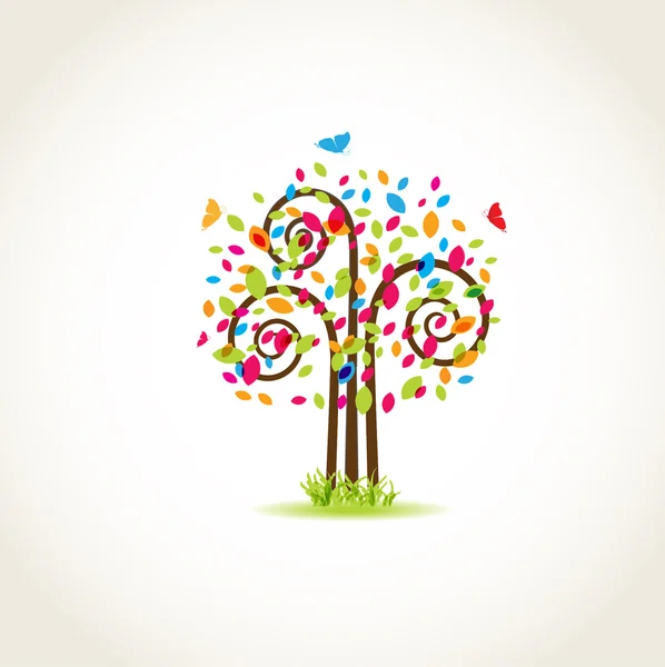 Belleza árbol de primavera con mariposas y hojas multicolores — Vector de stock
