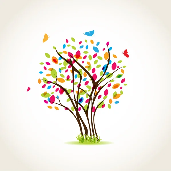 Beleza árvore de primavera com borboletas e folhas multicoloridas — Vetor de Stock