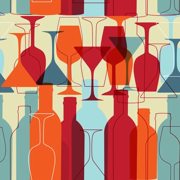 Fundo sem costura com garrafas de vinho e copos — Vetor de Stock