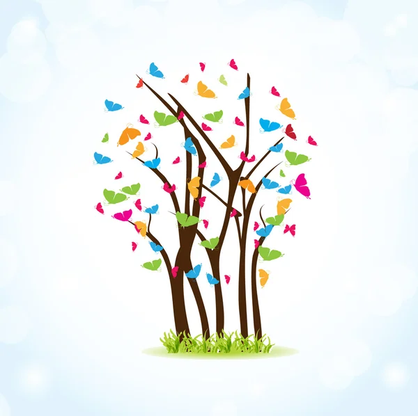 Beauté arbre de printemps avec des papillons et des feuilles multicolores — Image vectorielle