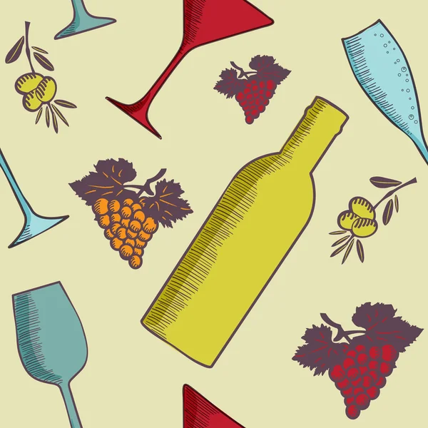 Бесшовный фон с винными бутылками и бокалами — стоковый вектор