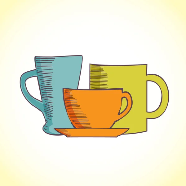 Kézzel rajzolt ábra, a kávé és a tea bögrék — Stock Vector