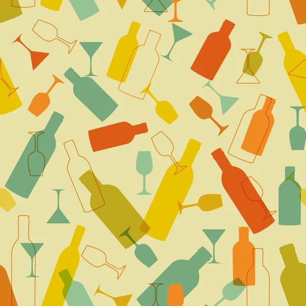 Fond sans couture avec des bouteilles de vin et des verres — Image vectorielle