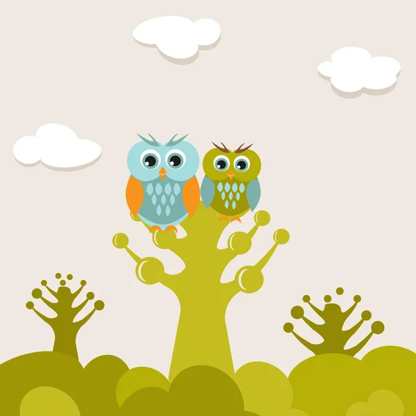 Graziosa coppia gufi sull'albero — Vettoriale Stock