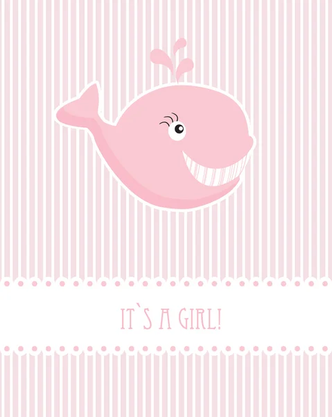Baby flicka födelsedagskort med rosa whale — Stock vektor