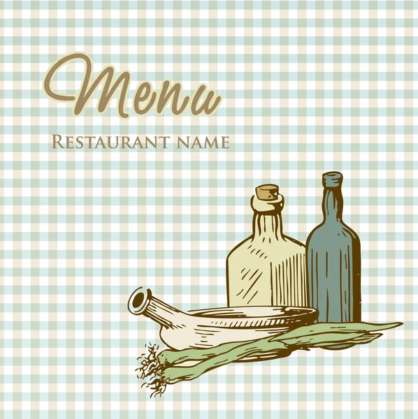 Vintage restaurant menu design with hand drawn illustration of pan onion an — Stock Vector