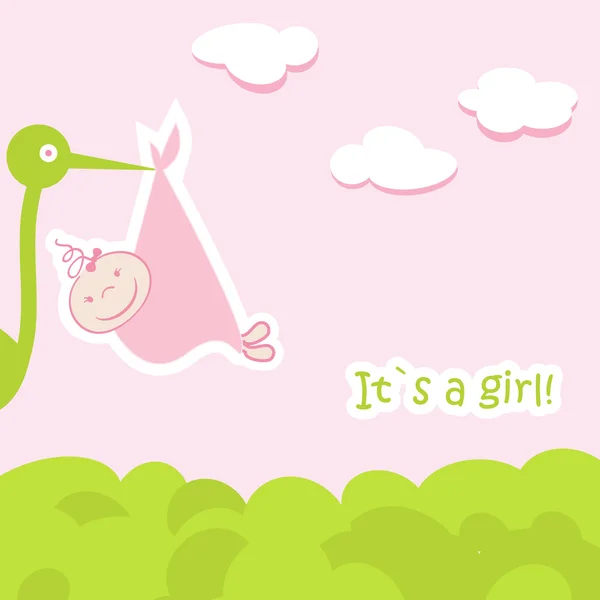 Κάρτα άφιξης του μωρού με πελαργό που φέρνει ένα χαριτωμένο κορίτσι — Διανυσματικό Αρχείο
