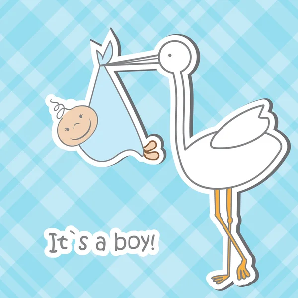 Cartão de chegada do bebê com cegonha que traz um menino bonito —  Vetores de Stock