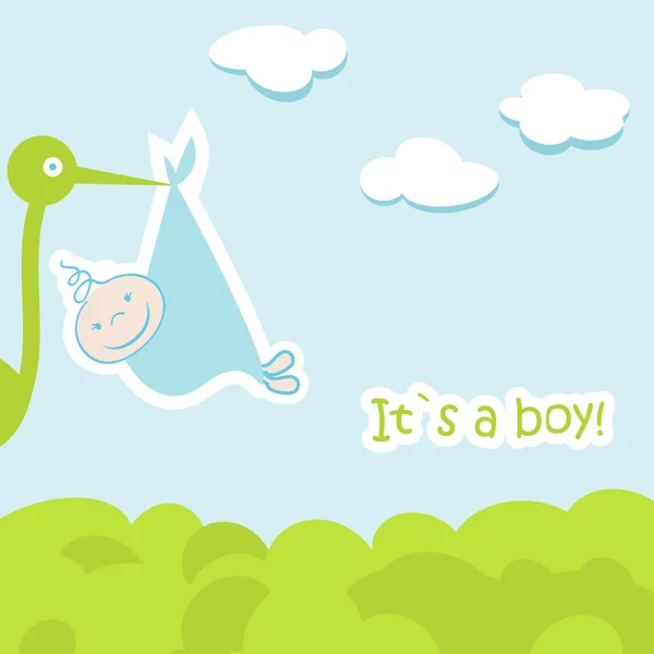 Κάρτα άφιξης του μωρού με πελαργό που φέρνει ένα χαριτωμένο αγόρι — Διανυσματικό Αρχείο