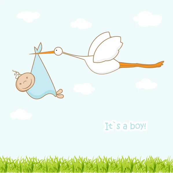Carte d'arrivée bébé avec cigogne qui apporte un garçon mignon — Image vectorielle