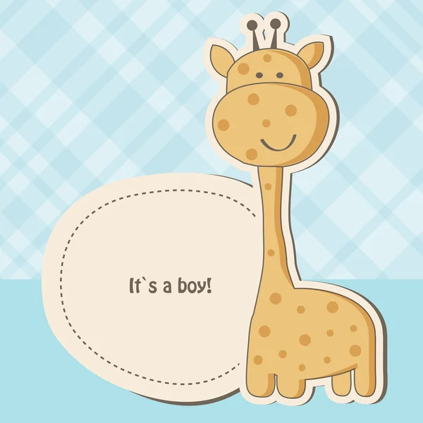 Bebê menino chuveiro cartão com girafa bonito — Vetor de Stock
