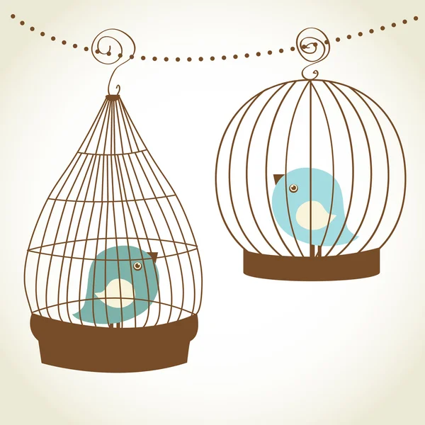 Eski kafeslerde iki sevimli kuşun olduğu klasik kart. — Stok Vektör