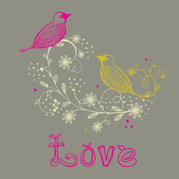 Dos lindos pájaros en la cita de amor. Bonita tarjeta de San Valentín con pájaros — Archivo Imágenes Vectoriales