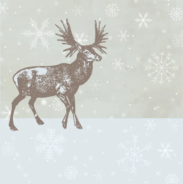 Винтажная рождественская открытка с оленями и снежинками — стоковый вектор