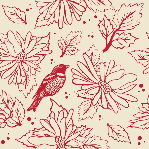 Винтажный бесшовный фон с птицей и цветами — стоковый вектор