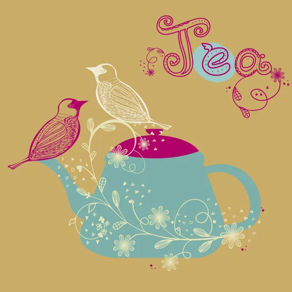 Birds couple on the teapot, hand drawn vector illustration — Stock Vector