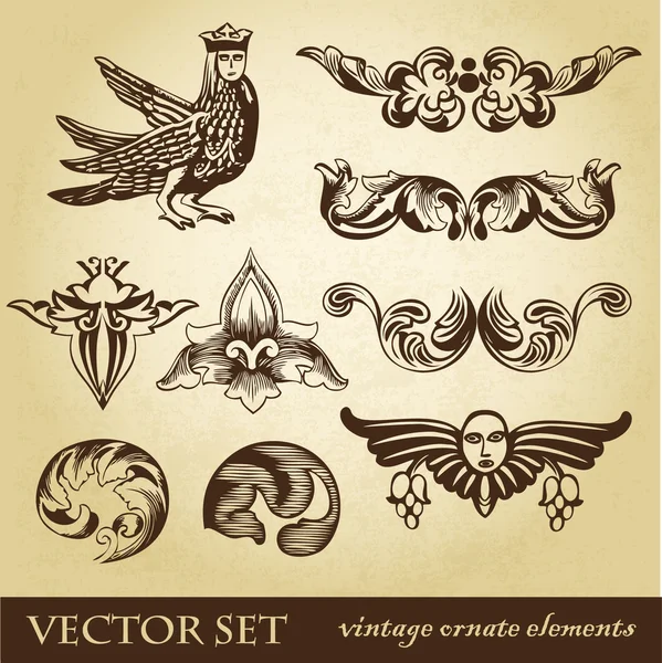Vector set of vintage design elements and whimsical animals or peoples — Stock Vector