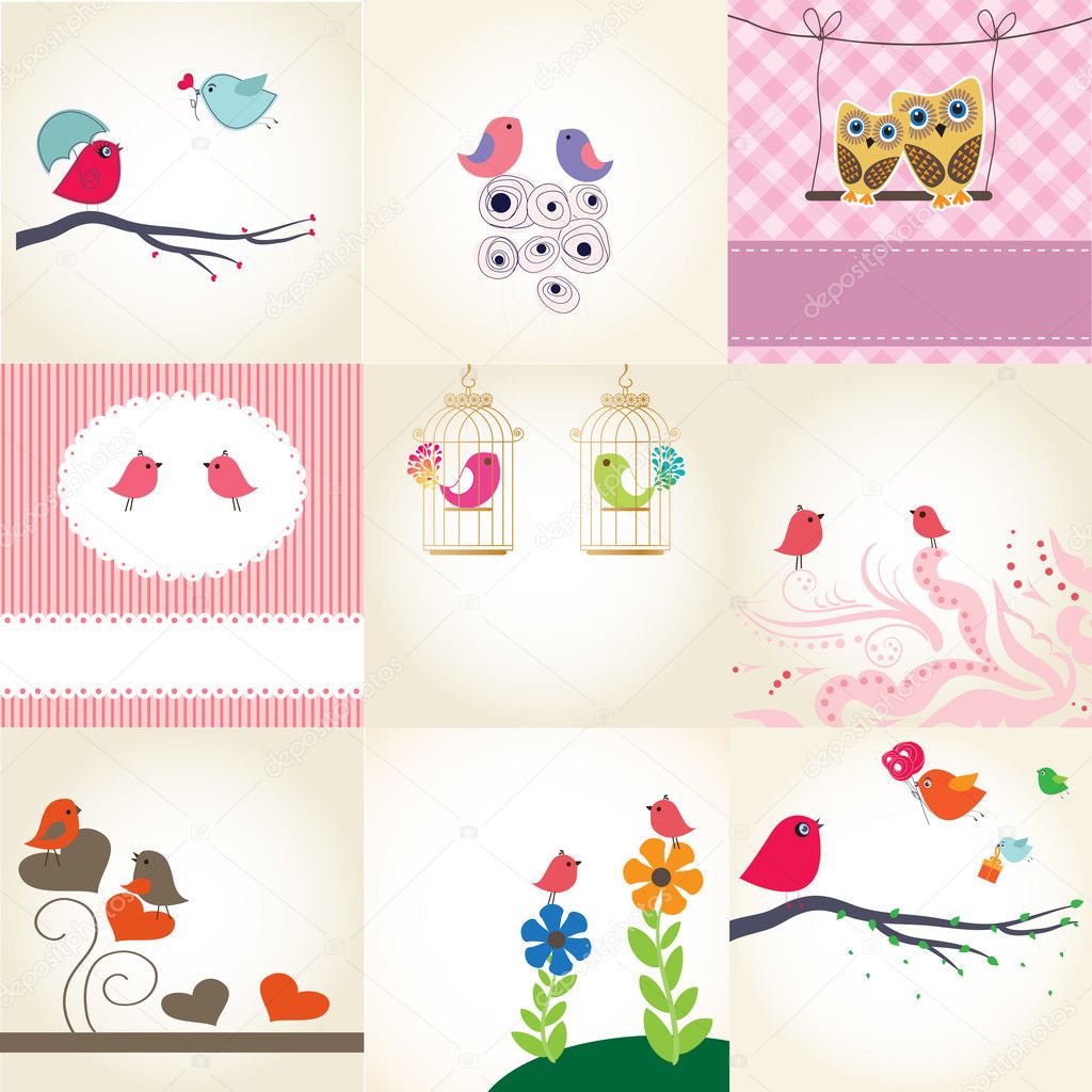 Set two cute birds on the love date. Cute valentine`s card with birds