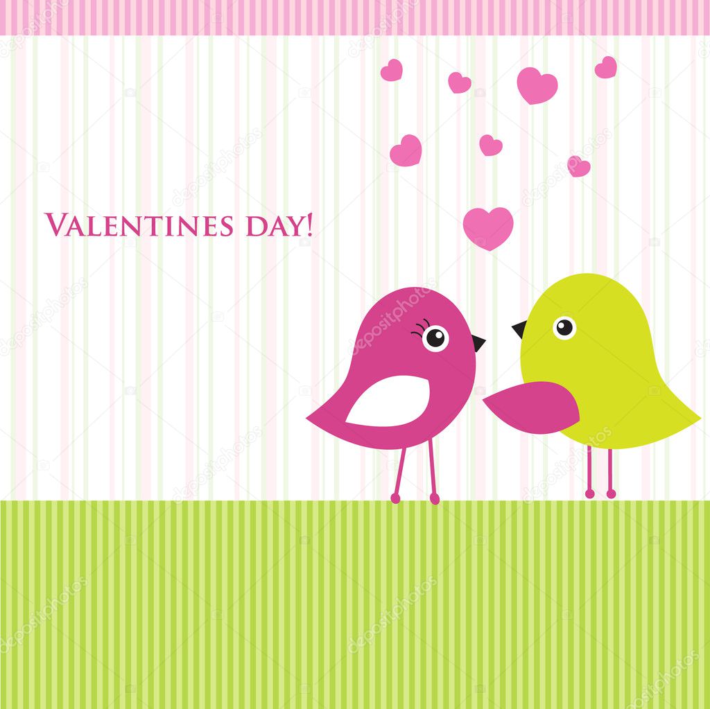 Two cute birds on the love date. Cute valentine`s card with birds