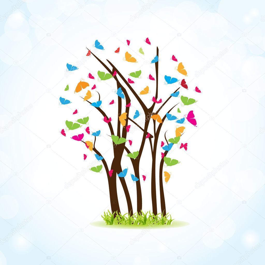 Beauty spring tree with butterflies and multicolored leaves